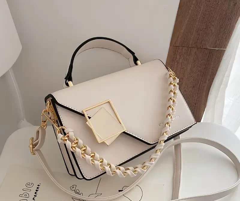 Metal Decor Square Handbag, Mini Chain Flap Purse, Women’s Faux Leather Crossbody Bag